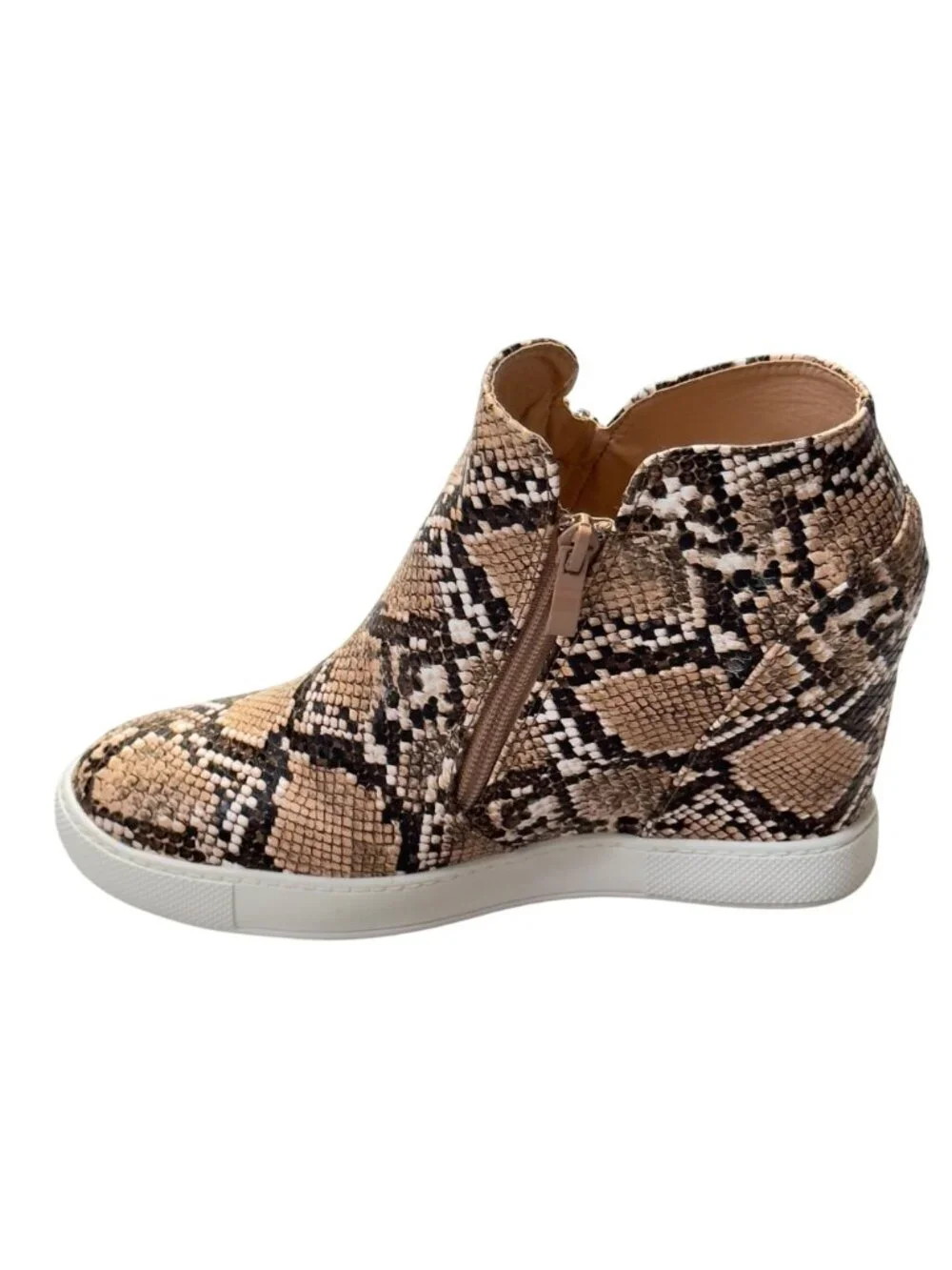Snakeskin Print Wedge Ankle Boots With Side Zipper & Rubber Sole